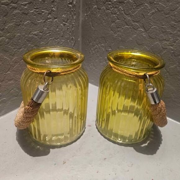 Set of 2 Nantucket Home Yellow Glass Candle Holders Lanterns with Rope Handles - Picture 1 of 5